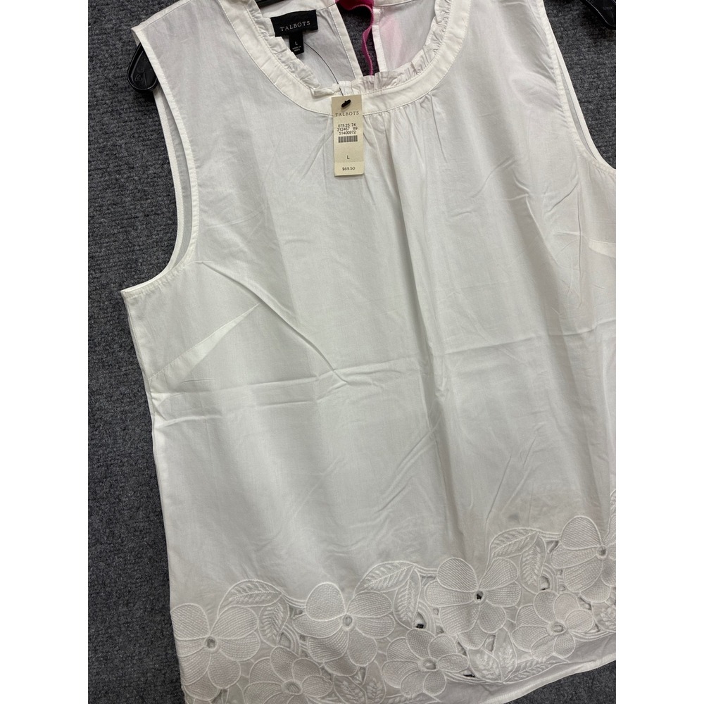 Cotton Talbots White Sleeveless Top Floral Eyelet Ribbon Tie Vacation Large NWT